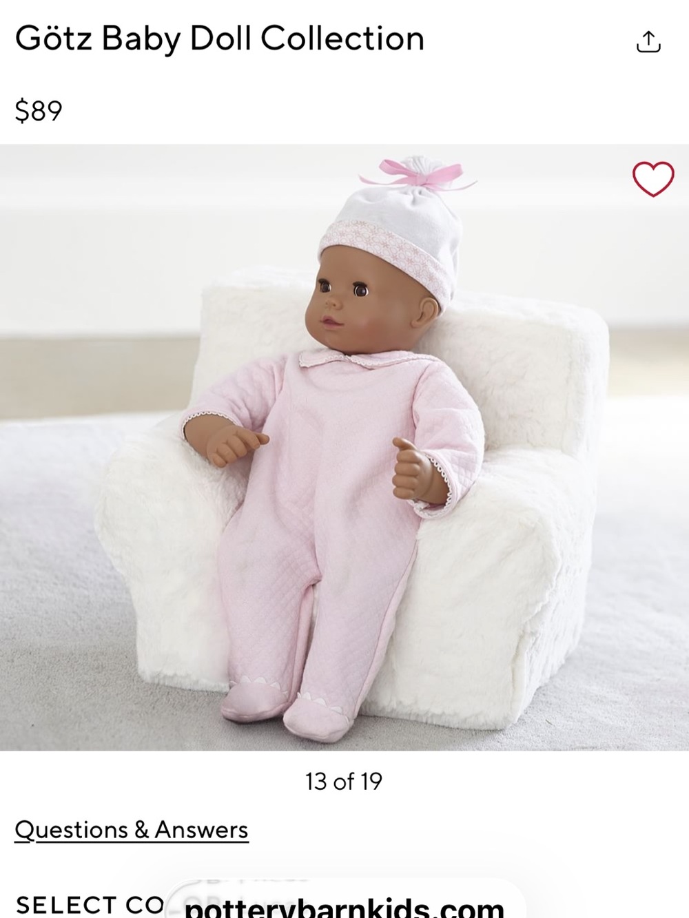 Götz Baby Doll Pottery Barn in Soft Pink Sleepwear Dotty